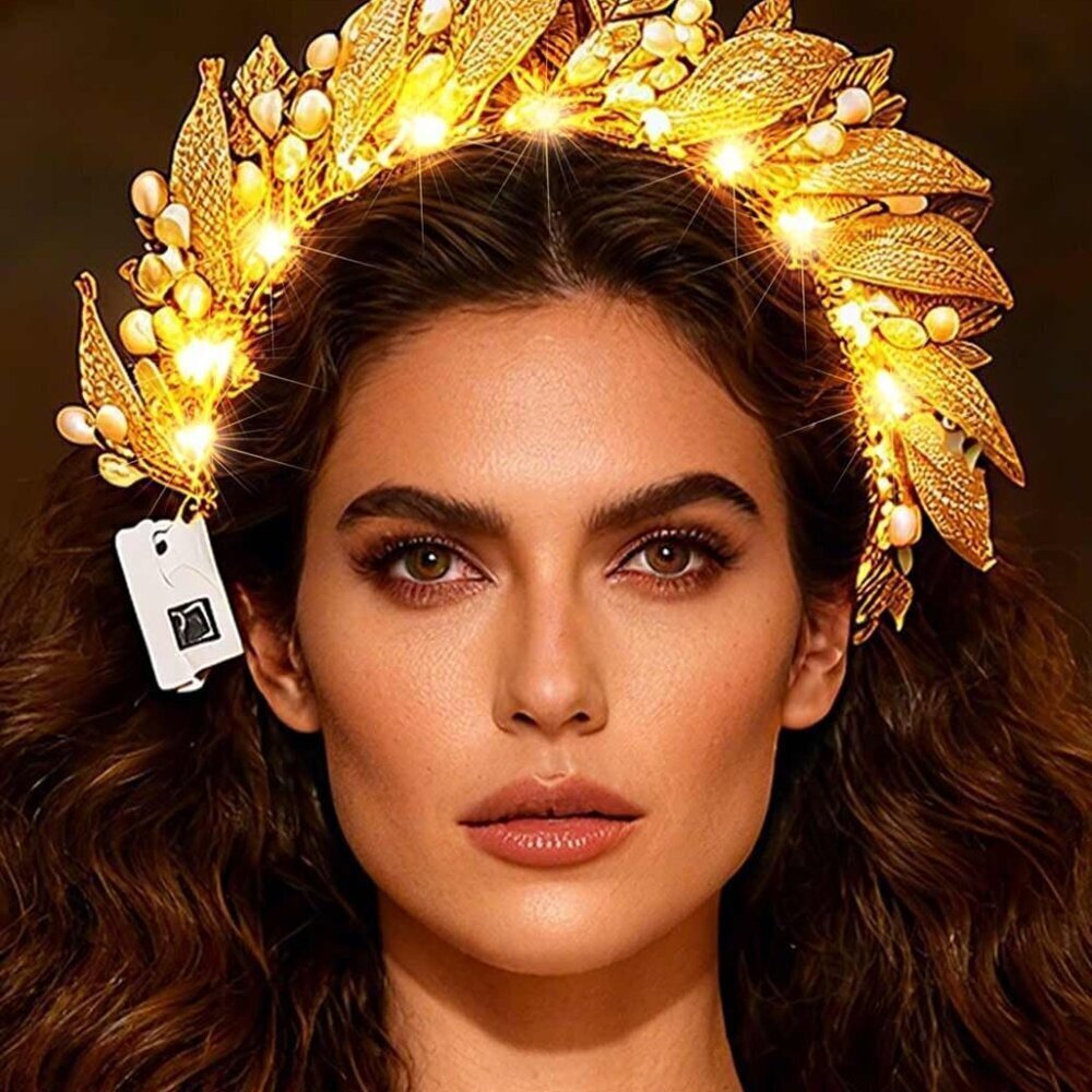 Gold Leaf Headband Light Up Greek Goddess Crown Costume Accessories Women